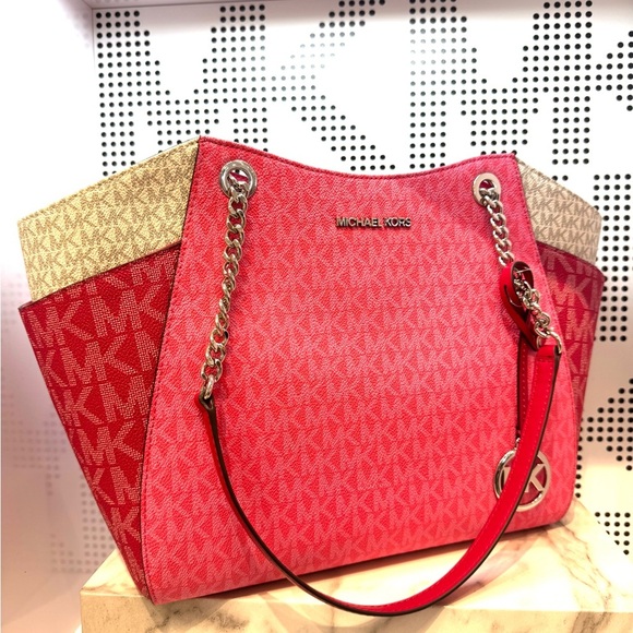 Michael Kors Jet Set LG Color-Block Signature Logo Shoulder Bag Dark Rasberry - Picture 5 of 11